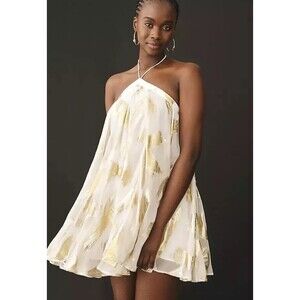 Anthropologie Pinnacle Shruti Sancheti Mini Dress Gold Halter Swing Size XS NWT